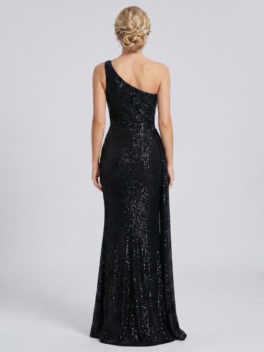 Women’s Black Sequin One Shoulder Maxi Dress Elegant High Slit Evening Gown - Picture 3 of 5